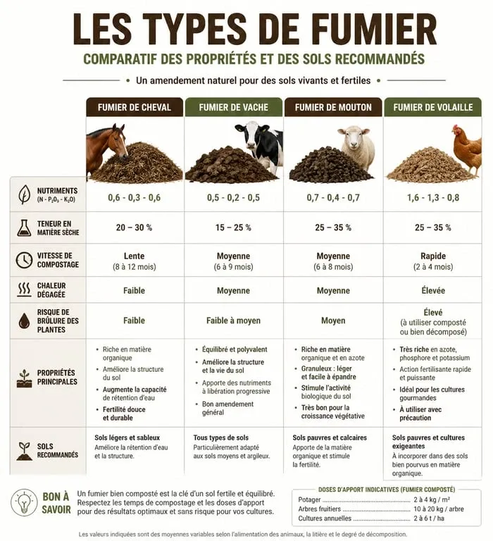Tableau comparatif des types de fumier pour le jardin et leurs usages selon le sol