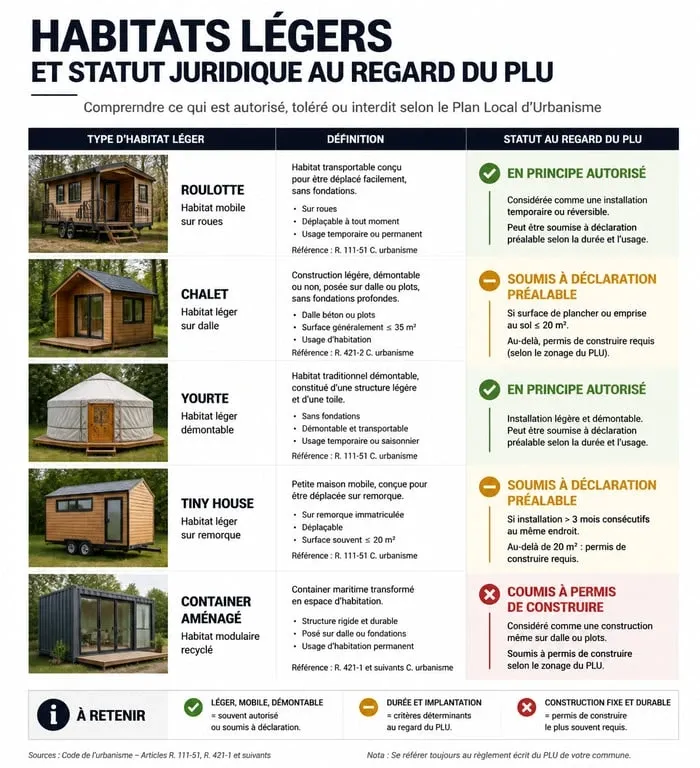 Infographie sur la réglementation des habitats légers et chalets sur pilotis sur terrain non constructible