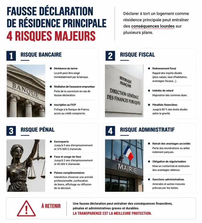 Infographie des risques liés à la fausse déclaration de résidence principale auprès d'une banque