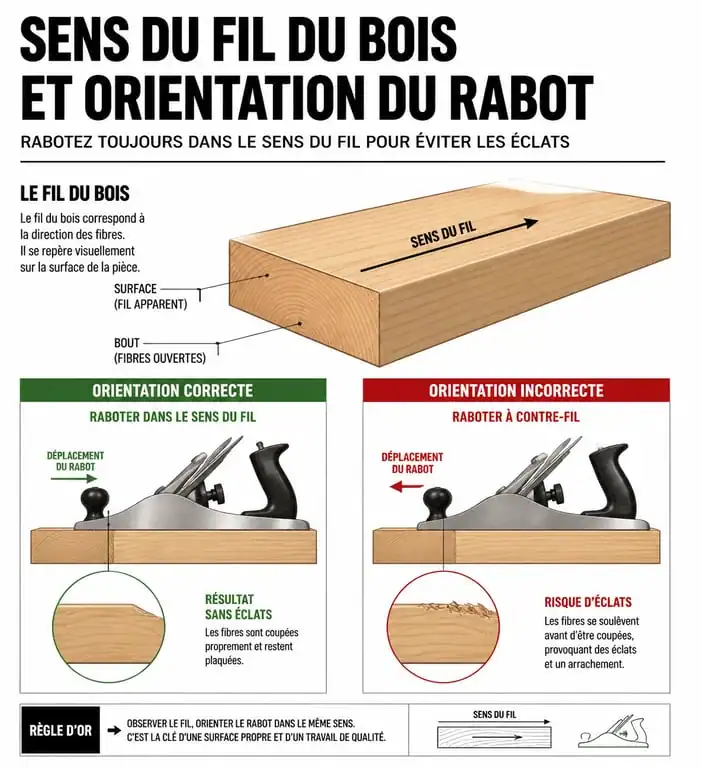 Schéma technique du sens du fil du bois pour le rabotage