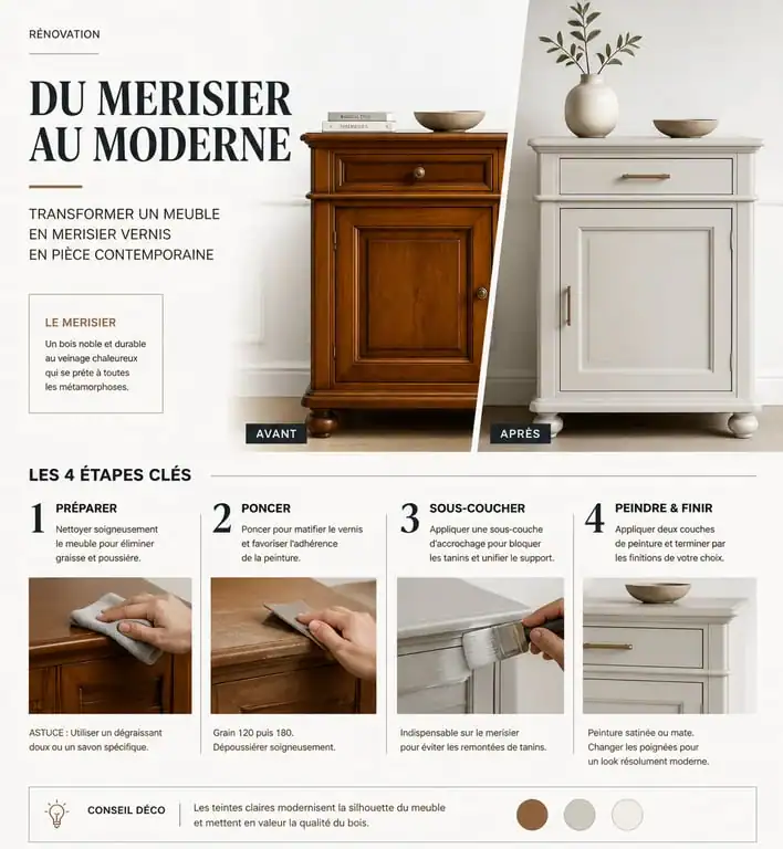 Étapes pour peindre un meuble en merisier sans ponçage intensif