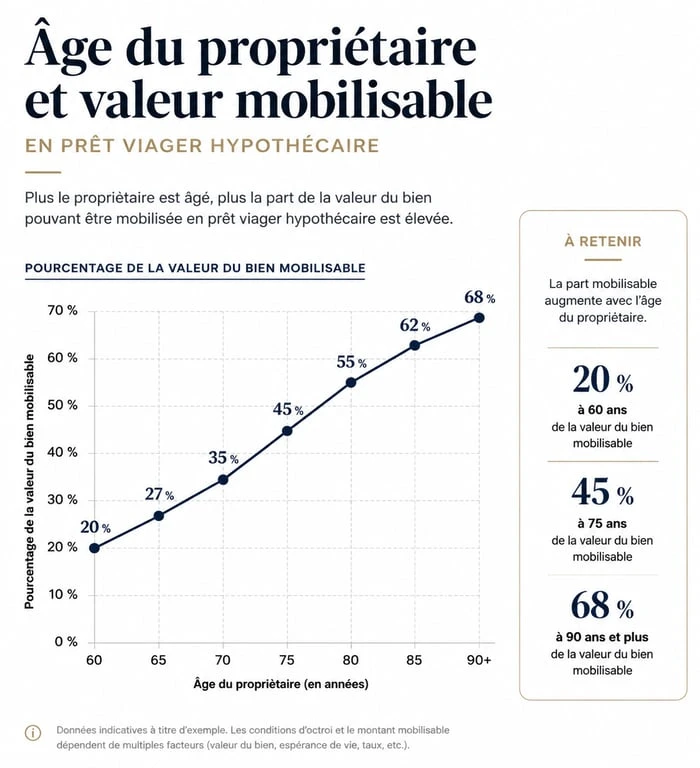 Infographie sur le fonctionnement du prêt viager hypothécaire : âge et quotité mobilisable