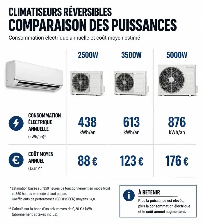 Comparatif de la consommation électrique annuelle et du coût d'un climatiseur réversible selon la puissance