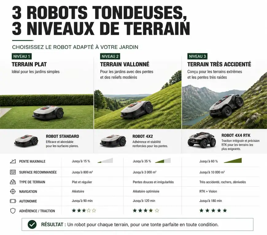 Comparatif des capacités des robots tondeuses selon le type de terrain accidenté