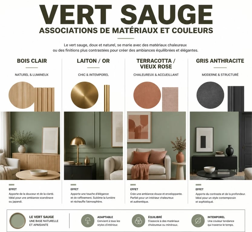 Infographie des meilleures associations de couleurs et matériaux pour une décoration murale vert sauge