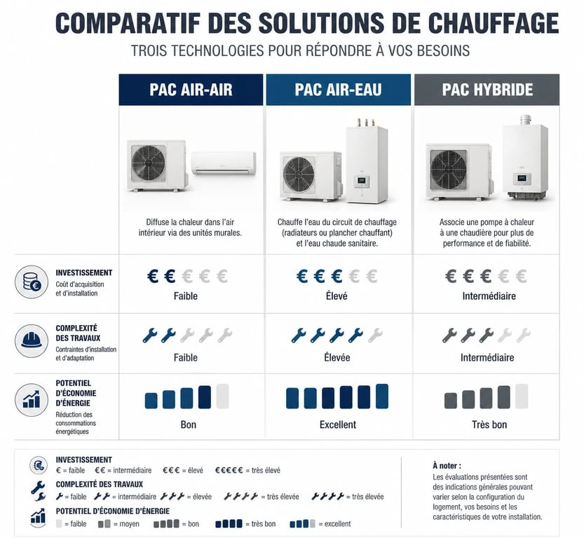 Comparatif des solutions d'installation de pompe à chaleur avec radiateurs électriques : PAC Air-Air, Air-Eau et Hybride.