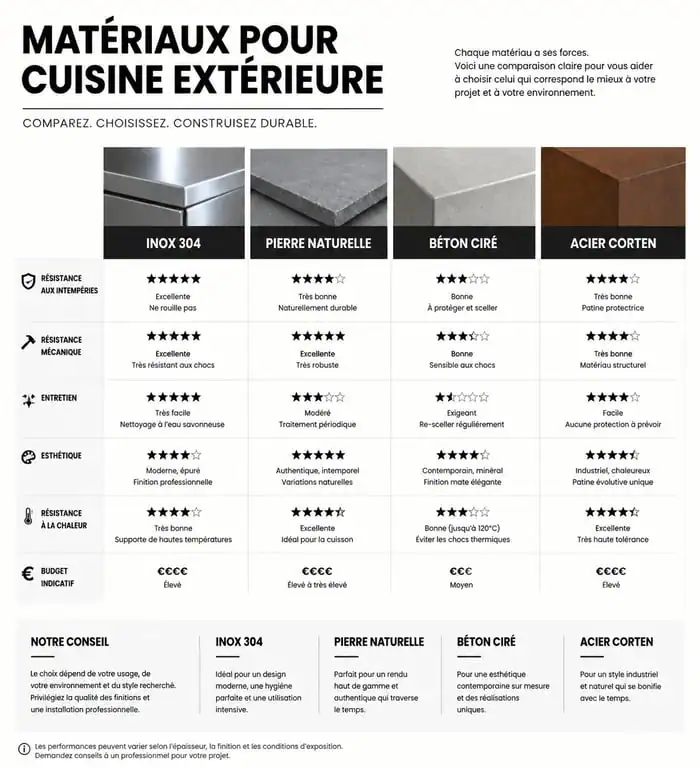 Comparatif des matériaux pour cuisine extérieure et barbecue : inox, pierre, béton et acier Corten