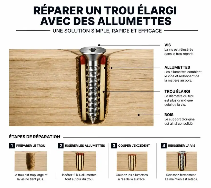 Réparation d'une vis qui tourne dans le vide dans du bois avec des allumettes