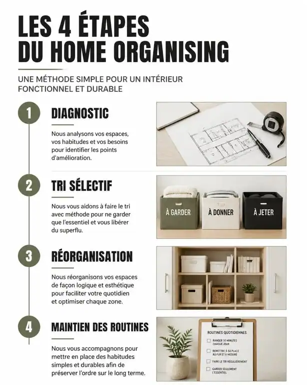Infographie des étapes du home organising pour désencombrer sa maison