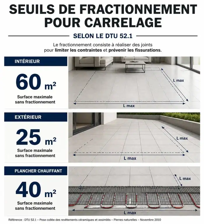 Tableau récapitulatif des seuils de pose pour joints de fractionnement carrelage selon DTU