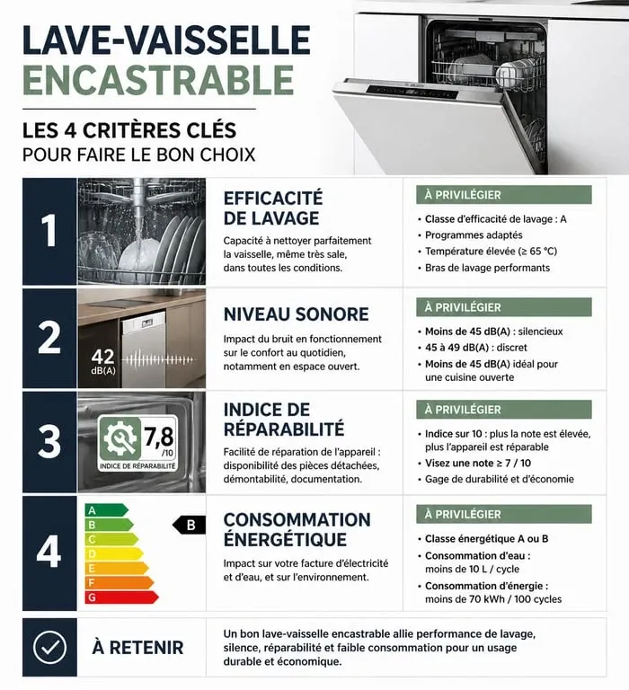 Comparatif des critères de choix pour un lave-vaisselle encastrable selon 60 Millions de consommateurs