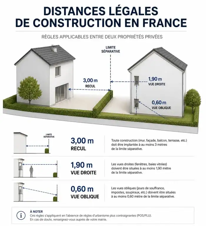 Schéma des distances légales pour une surélévation de maison et voisinage