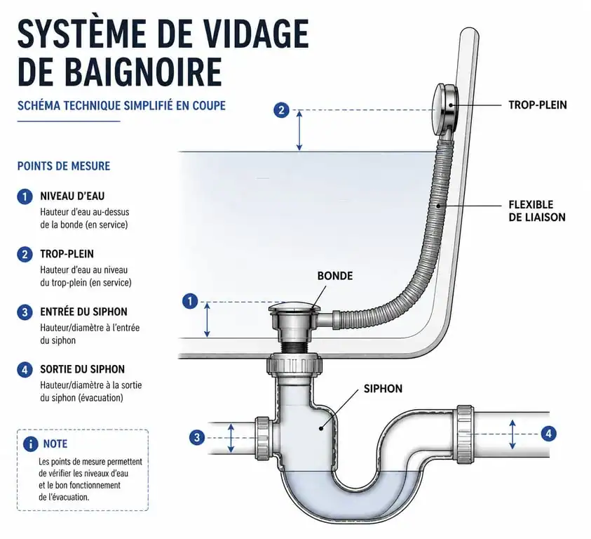 Schéma technique d'un système de trop-plein de baignoire