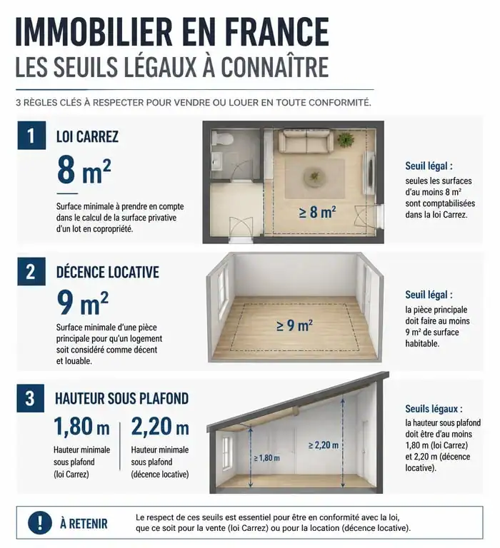 Infographie des seuils légaux pour la vente et la location immobilière : loi Carrez et décence