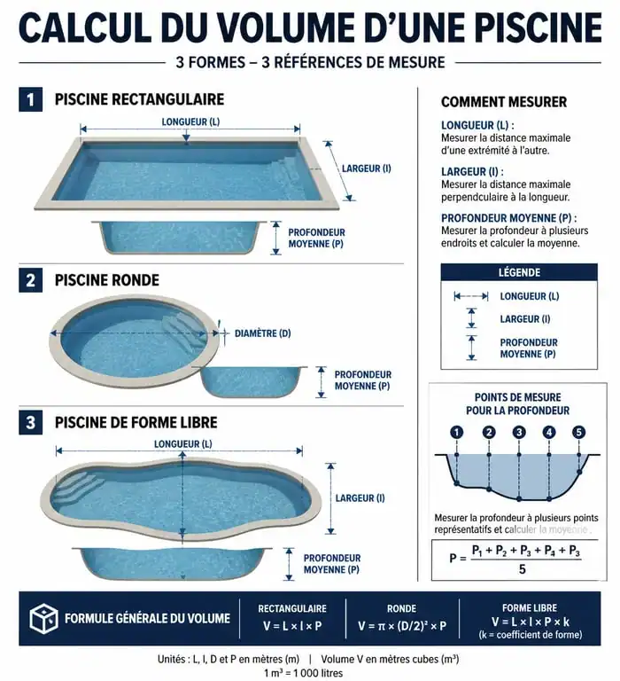 Schéma explicatif pour mesurer les dimensions d'une piscine afin de calculer son volume en m3