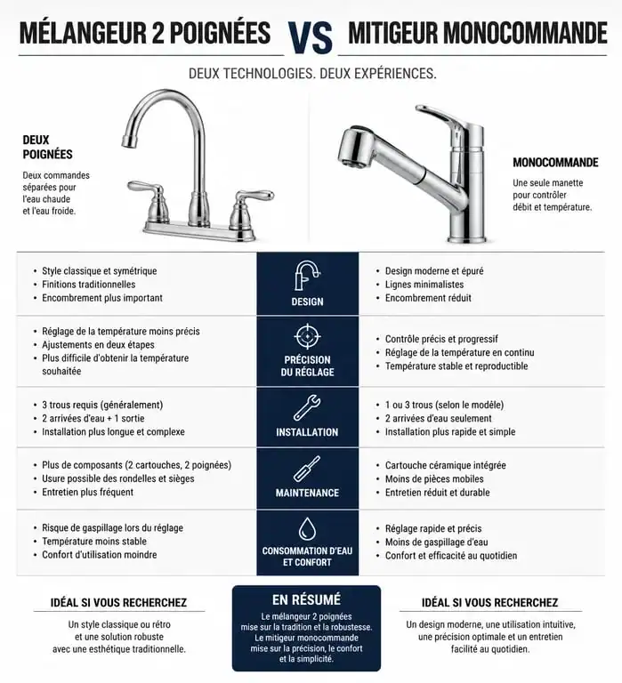 Infographie comparative entre mélangeur et mitigeur pour robinet cuisine
