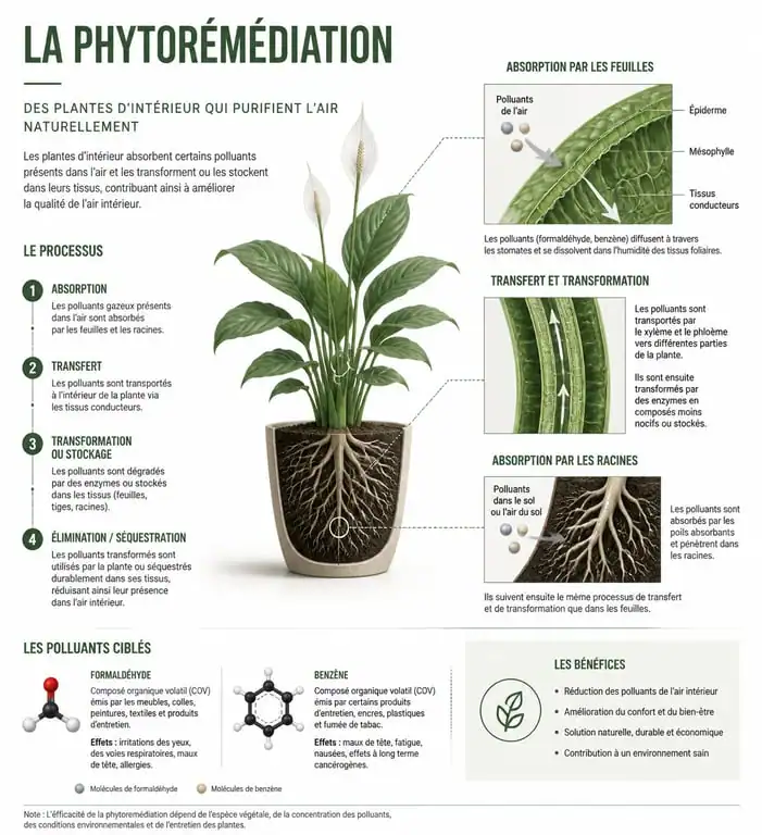 Infographie expliquant le fonctionnement des plantes d'intérieur dépolluantes et leur action sur les polluants atmosphériques.