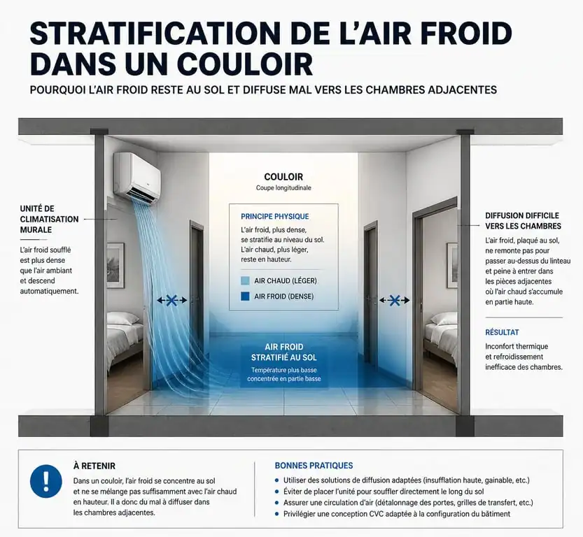 Schéma de circulation de l'air d'une clim dans couloir pour refroidir les chambres
