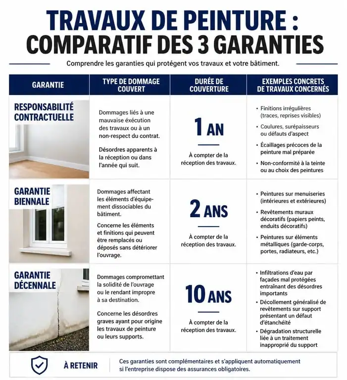Infographie comparative des garanties décennale, biennale et contractuelle pour les travaux de peinture