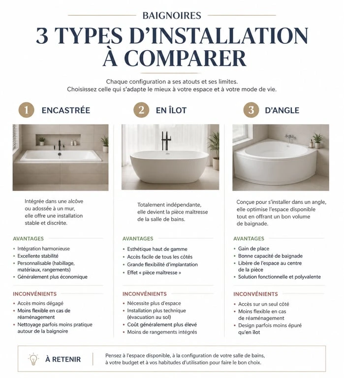 Comparatif des types d'installation pour une grande baignoire : encastrée, îlot et angle.