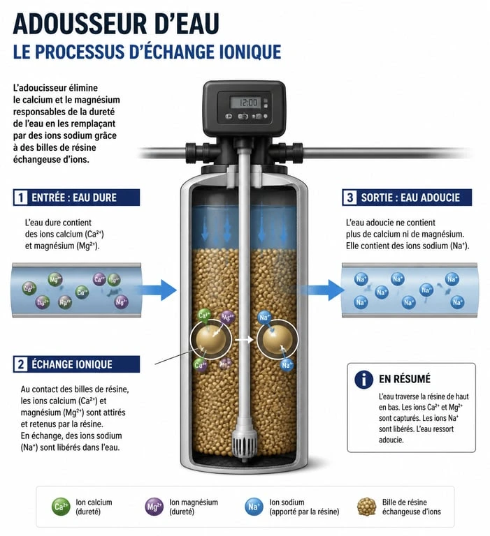 Schéma explicatif du fonctionnement d'un adoucisseur d'eau par échange ionique pour adoucir l'eau calcaire