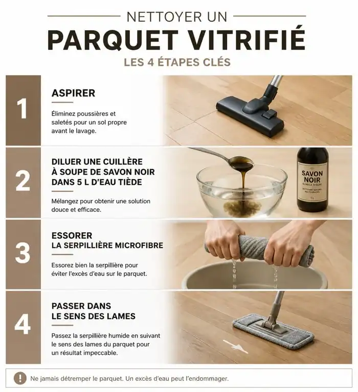 Infographie des étapes de nettoyage d'un parquet vitrifié au savon noir