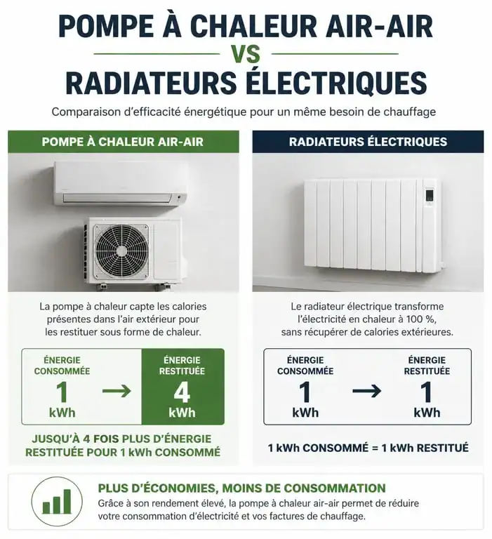 Infographie comparative : économies d'énergie avec une climatisation réversible vs radiateurs électriques