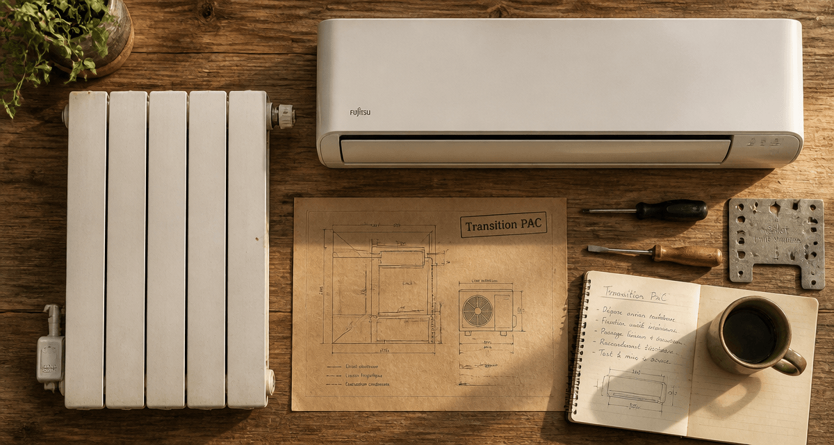 Installation pompe à chaleur avec radiateur électrique sur plan de travail