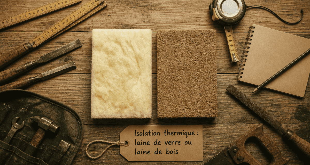 laine de verre ou laine de bois échantillons sur établi