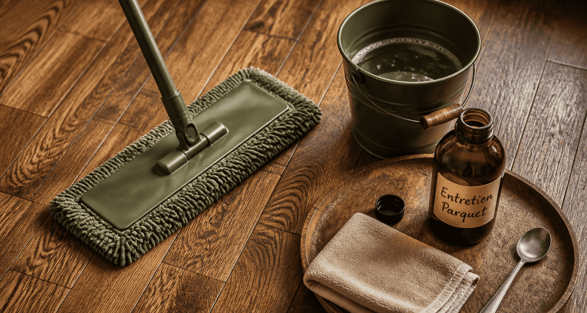 nettoyer parquet vitrifié savon noir avec microfibre et seau
