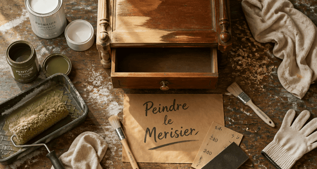Peindre un meuble merisier, outils et primaire sur établi