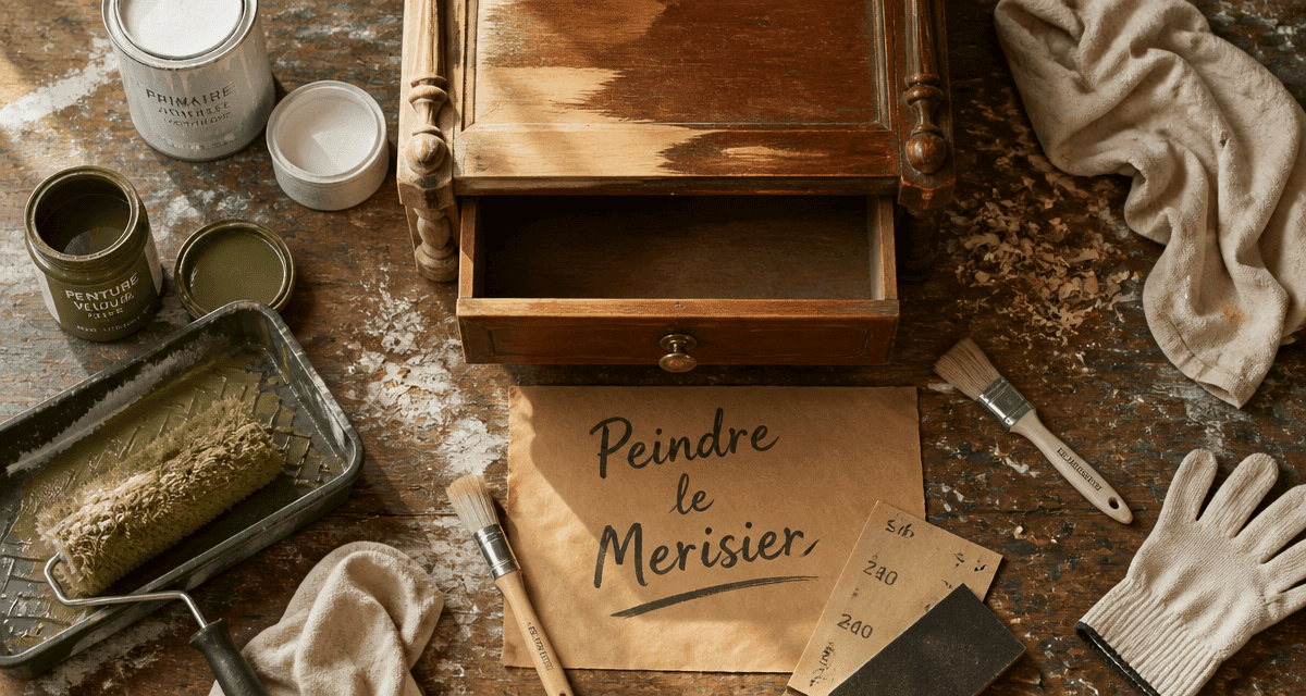 Peindre un meuble merisier, outils et primaire sur établi