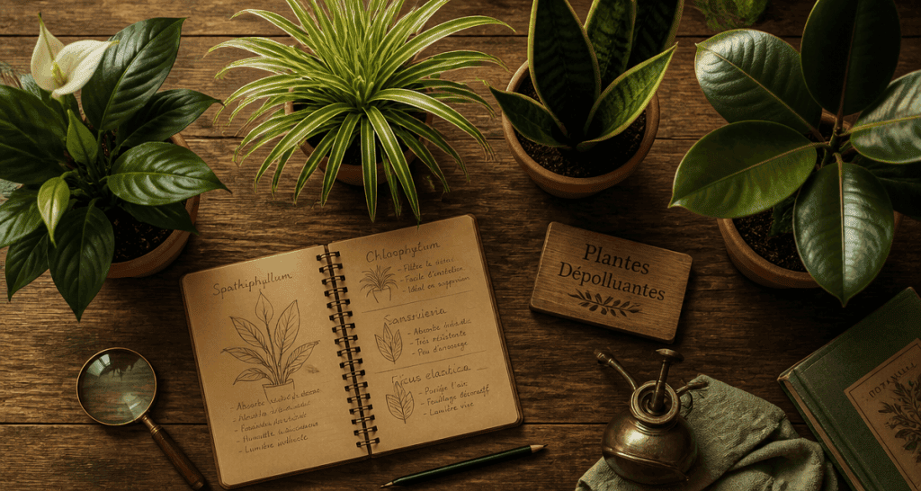 plantes d'interieur depolluante en pots sur table