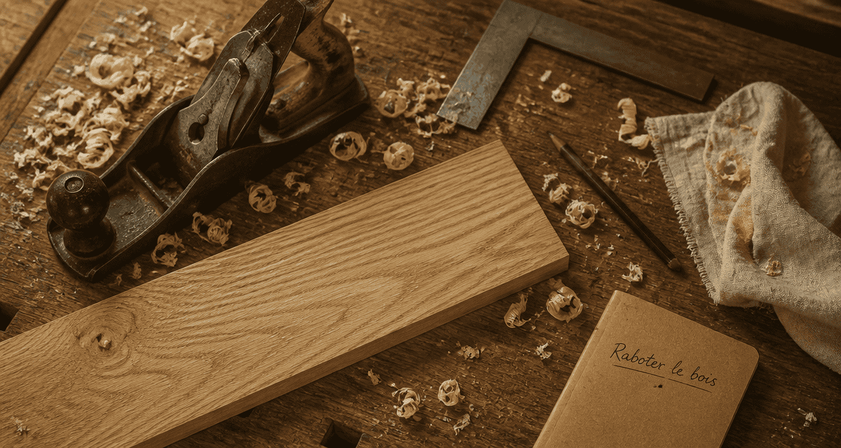 Raboter bois sur établi avec outils artisanaux
