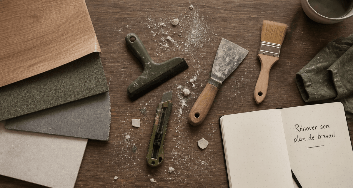 revêtement de plan de travail cuisine échantillons et outils