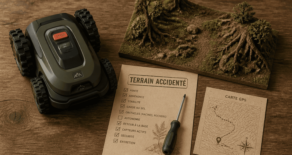 Robot tondeuse terrain accidenté vue flat-lay
