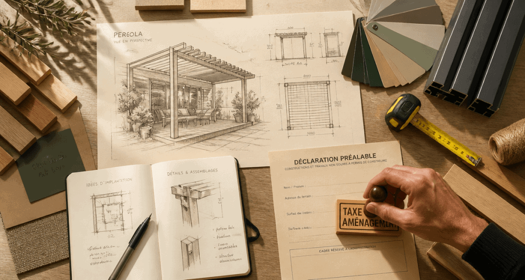 taxe pergola plans sur bureau architecte