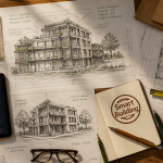 Bureau architecte bâtiment intelligent plans et dashboard