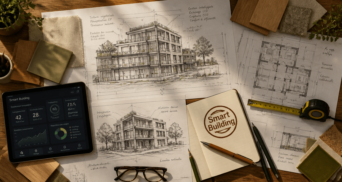Bureau architecte bâtiment intelligent plans et dashboard