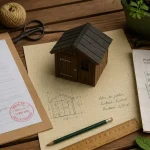 Declaration de travaux abri jardin : formulaire et plan de masse sur bureau