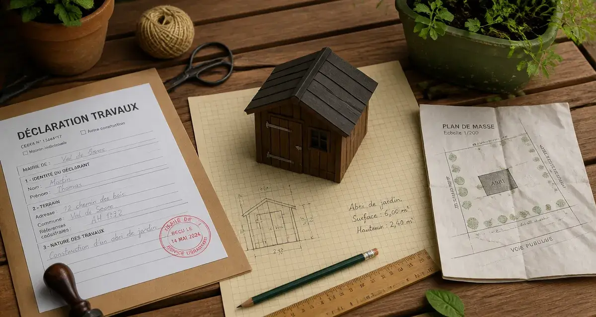 Declaration de travaux abri jardin : formulaire et plan de masse sur bureau