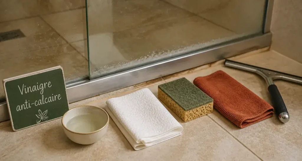 Vinaigre pour enlever le calcaire sur les parois de douche, traces blanches en verre