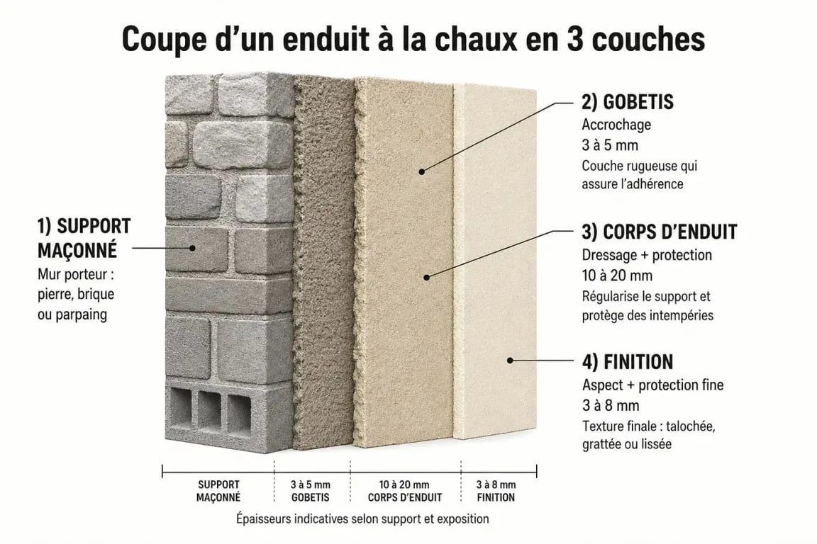 Schéma technique des couches d'un enduit à la chaux extérieur pour mur en pierre ou parpaing