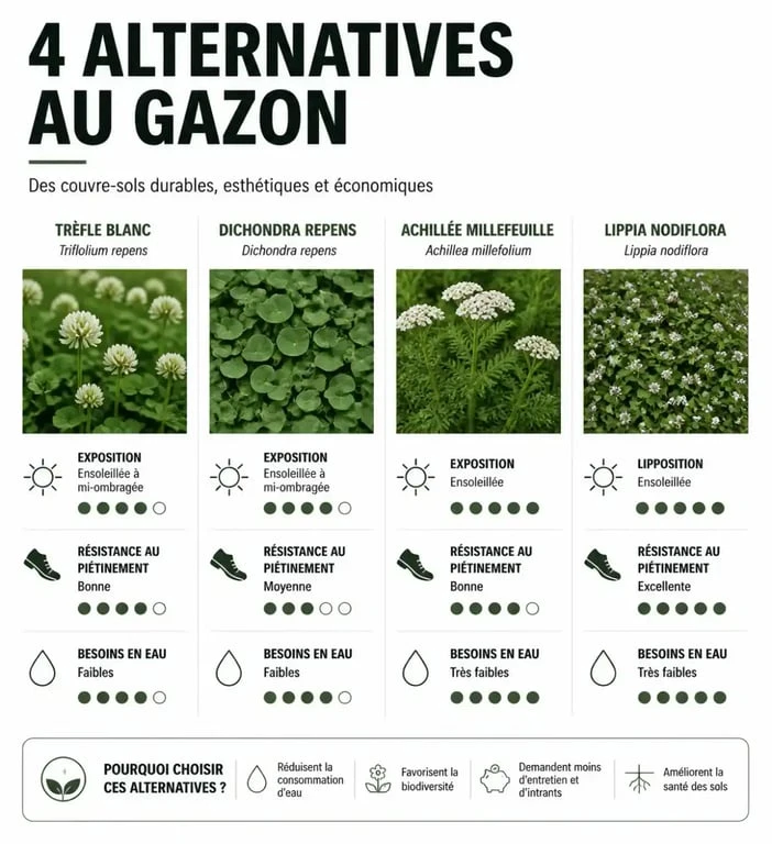 Infographie comparative des meilleures alternatives au gazon pour remplacer sa pelouse