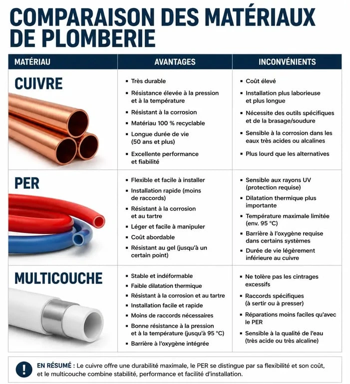 Comparatif des matériaux de plomberie : Cuivre, PER et Multicouche pour vos travaux avec Batievol plomberie et chauffage