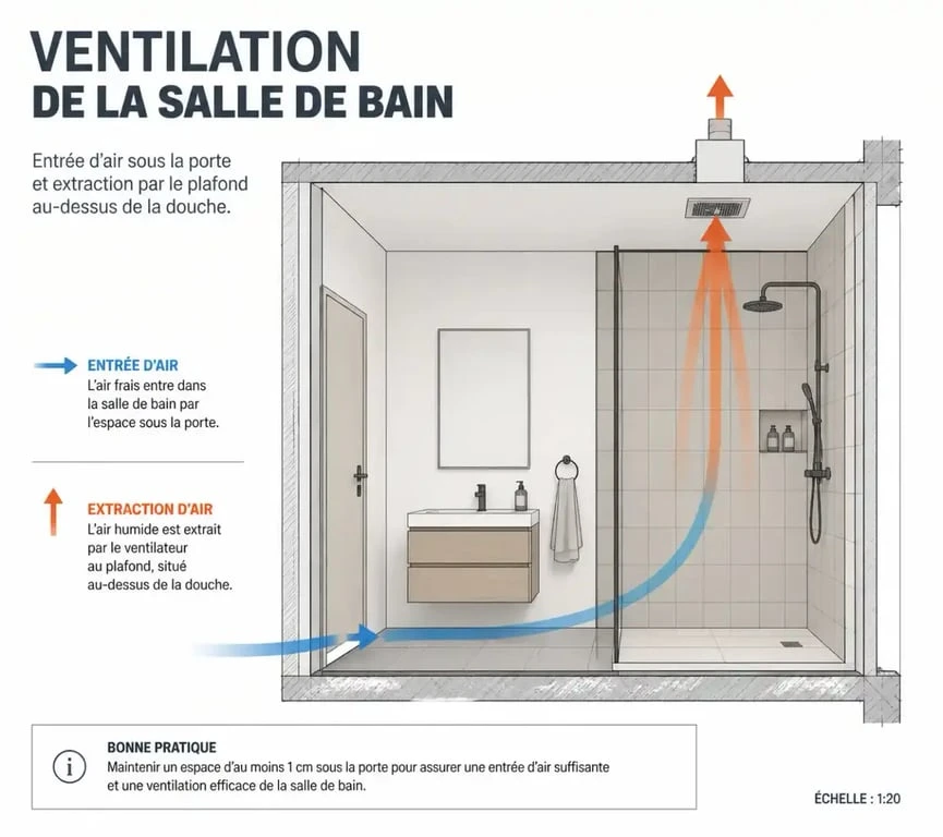 Schéma de circulation d'air pour une VMC dans une salle de bain