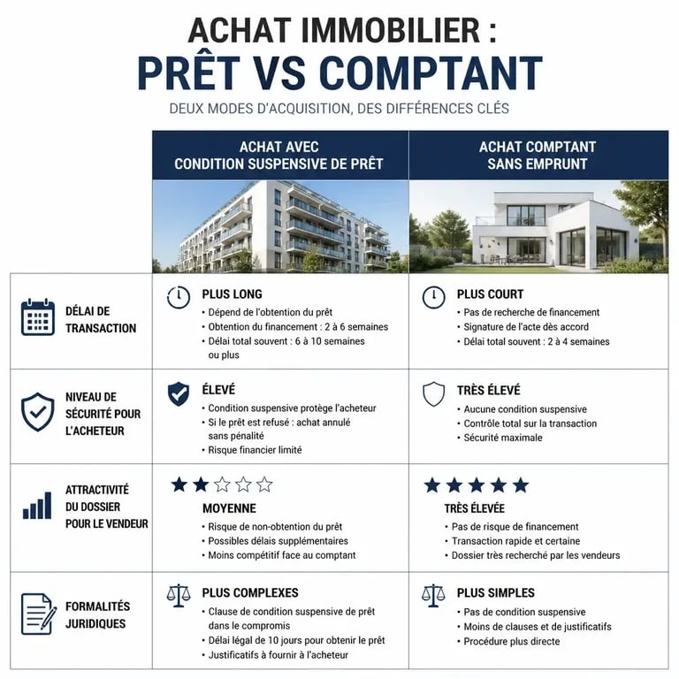Infographie comparative : achat immobilier avec condition suspensive de prêt vs compromis de vente sans emprunt