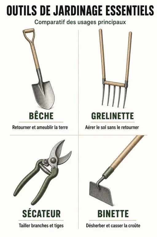 Infographie comparative des outils de jardinage essentiels et leurs usages pour réussir son potager