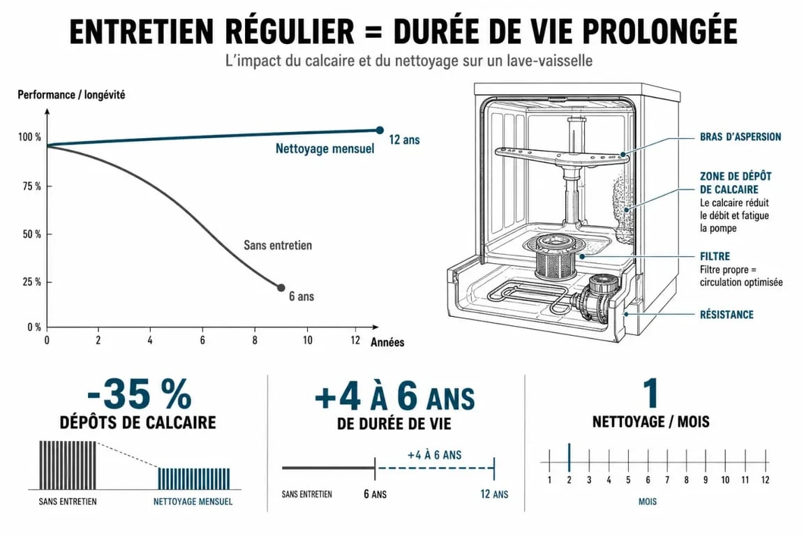 Infographie sur la durée de vie d'un lave-vaisselle et l'importance de l'entretien