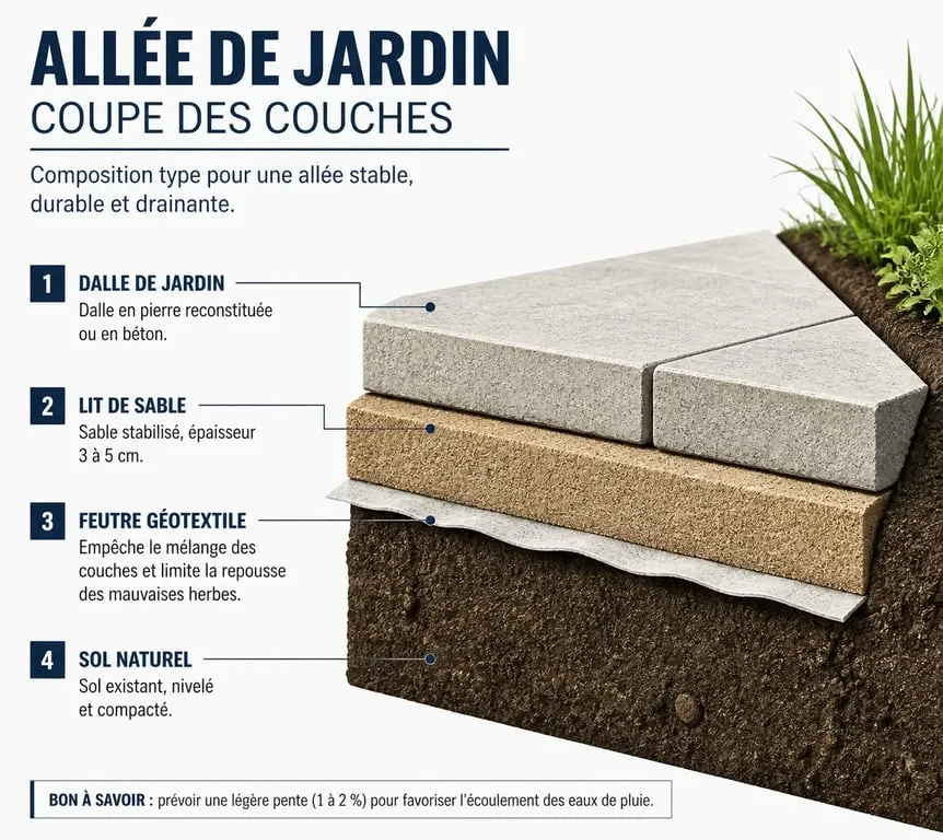 Schéma de pose d'une dalle allée de jardin avec feutre géotextile et lit de sable